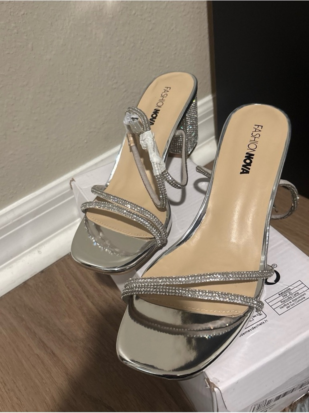 Fashion Nova Silver Rhinestone Strappy High Heel Mules